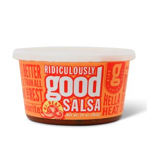 Container of Ridiculously Good Salsa hi heat flavor.