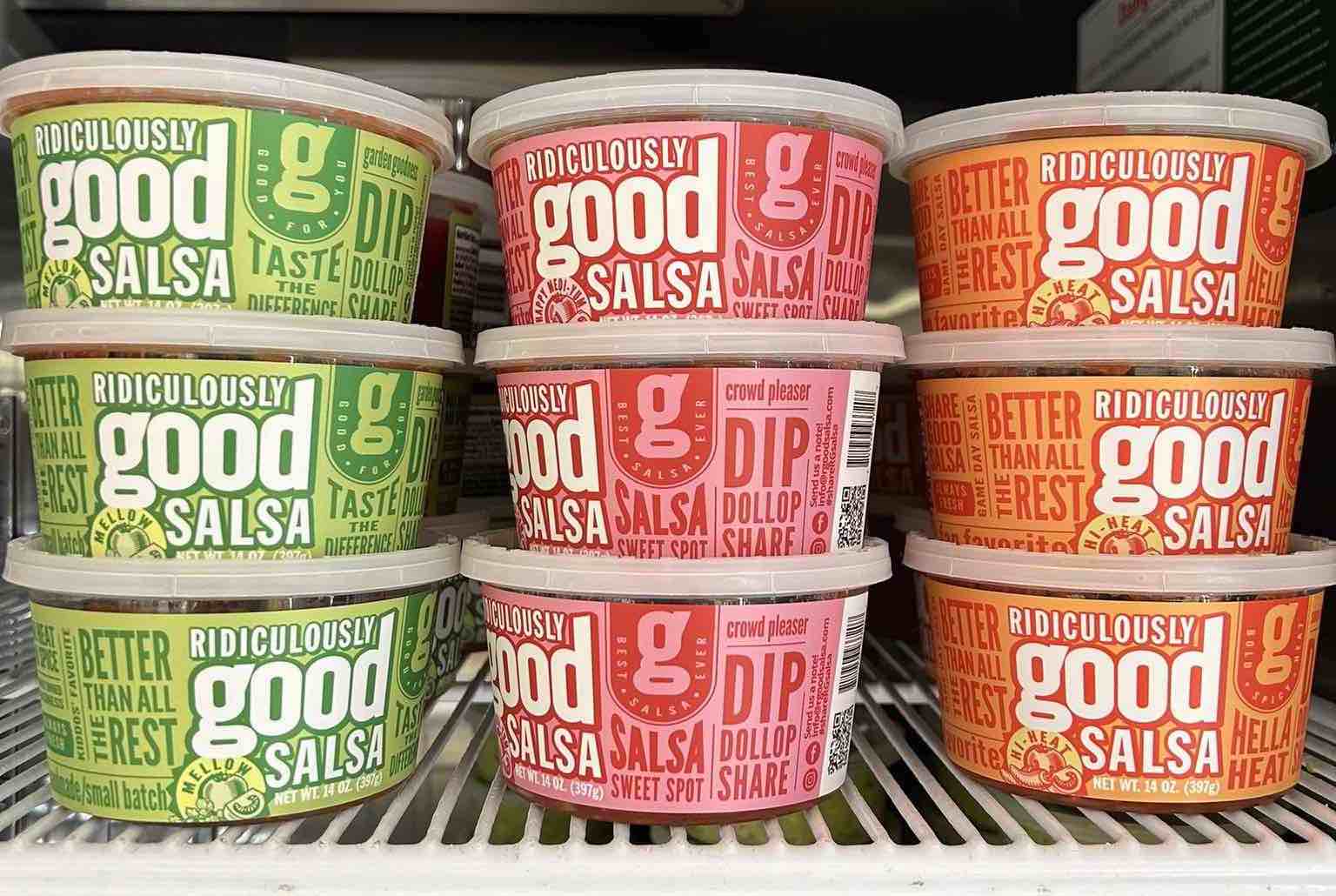 Containers of Ridiculously Good Salsa in grocery store.